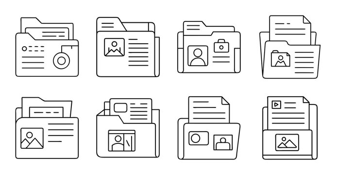 Flat icons of document folders with different files inside - Eight simple flat icons showing document folders with various file types inside, perfect for web and app design projects.