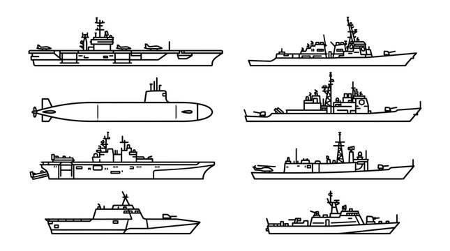 A collection of detailed vector illustrations showcasing various naval warships and military vessels in a clean line art design.