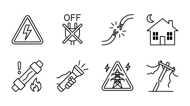 A collection of vector graphic illustrations depicting electrical safety and power outage symbols.