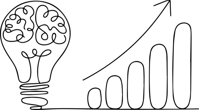 A single continuous line drawing illustration featuring a light bulb with a brain inside next to a bar graph showing upward growth, isolated on white background.