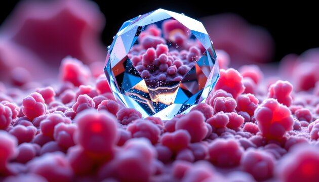 The image features a large, multifaceted gemstone resting on a bed of small, rounded pink objects that resemble tiny berries or beads