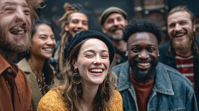 Diverse Group of Friends Laughing Together: A diverse group of friends share a moment of genuine joy, their laughter echoing through the vibrant urban landscape.