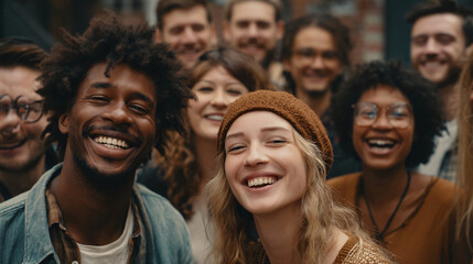 Fototapeta premium Joyful Gathering of Diverse Friends: A group of happy, smiling young adults of diverse ethnicities and backgrounds shares a moment of connection and joy, captured in a close-up outdoor portrait.