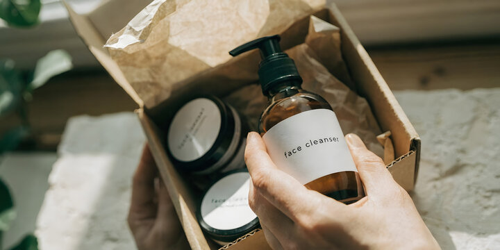 Hands holding a box with brown paper and organic face cleanser bottles for daily skincare.