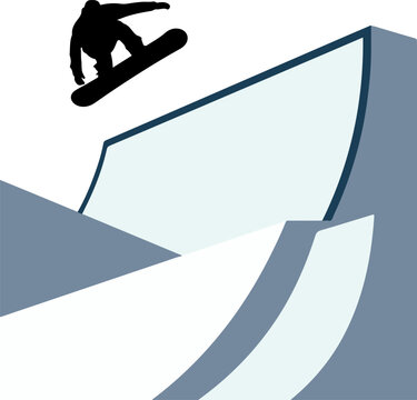 Dynamic illustration of a snowboarder performing an aerial trick over a half-pipe or snow ramp. Features a black silhouette against a white background with blue and grey snow park elements.
