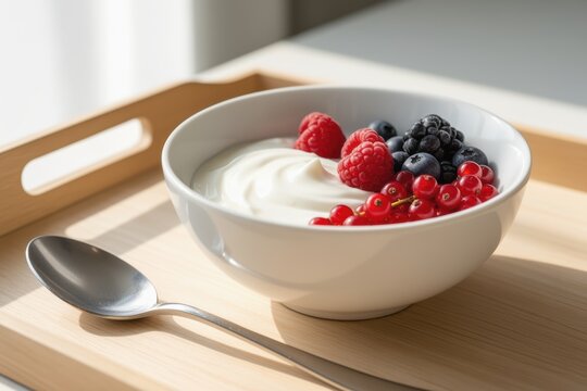 Bowl of yogurt with fresh berries on wooden tray next to stainless spoon