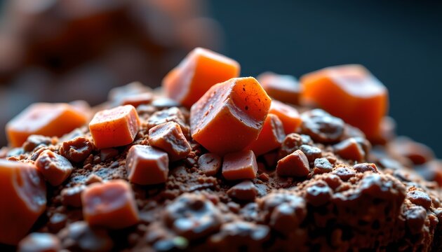 The image shows a close up view of a chocolate surface topped with numerous small caramel pieces. The caramel chunks vary in size and shape, with some appearing cylindrical and others more irregular