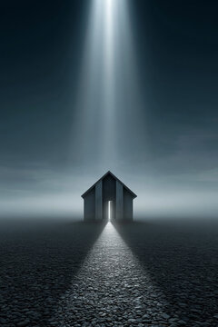Mysterious light illuminating abandoned house surreal landscape digital art dark atmosphere low angle view conceptual imagery