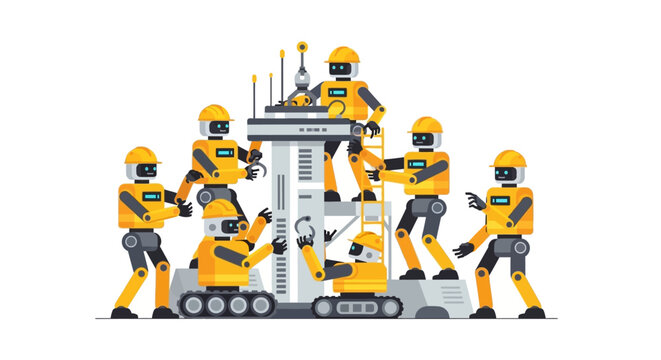 Industrial Robot Team Working on Construction Site, AI Automated Workforce and Future of Industry Flat Vector Illustration