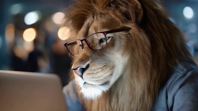 Focused lion with glasses, typing on laptop