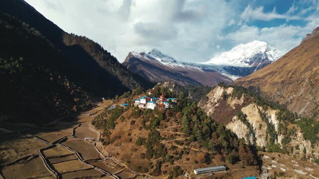 Aerial View of Ribung Monastery and Manaslu Mountain Range in Nepal Himalayas