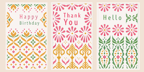 three floral greeting cards with colorful patterns © Dipu