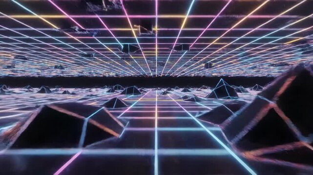 Retro futuristic synthwave landscape featuring glowing neon grids in cyan, pink and yellow converging towards a dark horizon with low poly terrain on a black background.