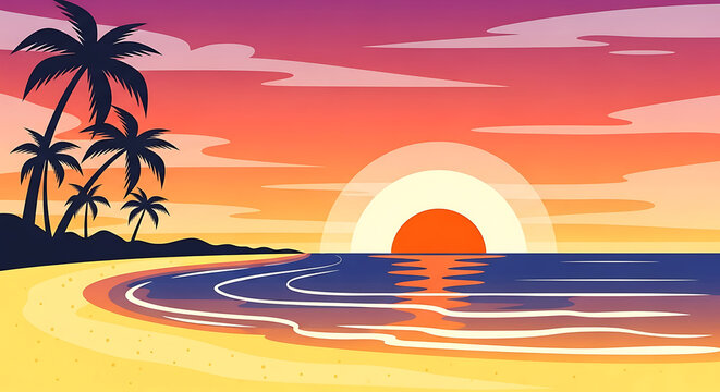 Vibrant tropical beach sunset illustration with silhouette palm trees against a colorful sky over the tranquil ocean, evoking a serene paradise escape