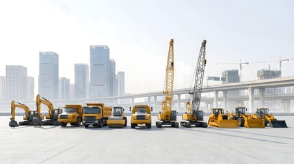 Fototapeta premium Construction heavy machinery fleet lined up in urban city development