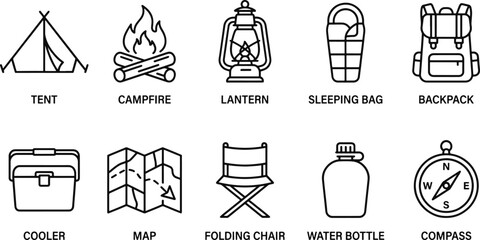 Camping icons set with tent, campfire, lantern and more © MUKTARANI