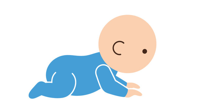 Cute baby in blue onesie crawling, simple flat illustration