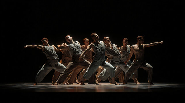 Modern Dance Ensemble: A group of dancers in unison execute a powerful contemporary dance routine on a darkened stage.