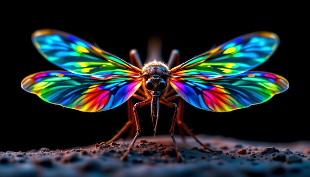 The image features a close up of a bee with iridescent, rainbow colored wings that shimmer with vibrant hues of blue, green, yellow, and red