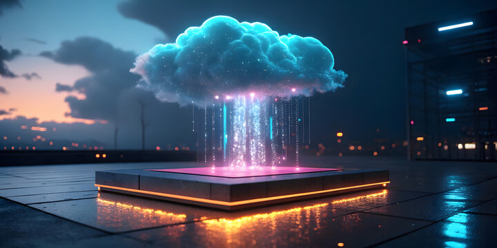 Digital cloud computing concept with glowing data rain falling on platform at night time.