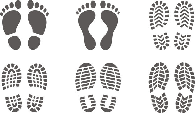 Human footprints and shoe sole print vector set featuring diverse boot tread marks and bare feet step paths
