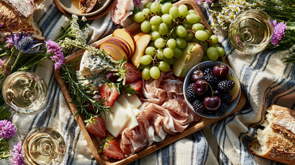 Fototapeta premium Elegant Gourmet Charcuterie Platter: Cheese, Fruits & Prosciutto - Perfect for Summer Picnics & Outdoor Entertaining
