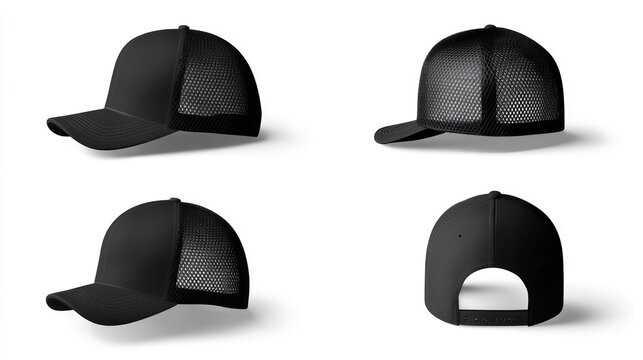Black Mesh Trucker Cap Mockup with Four Angles.