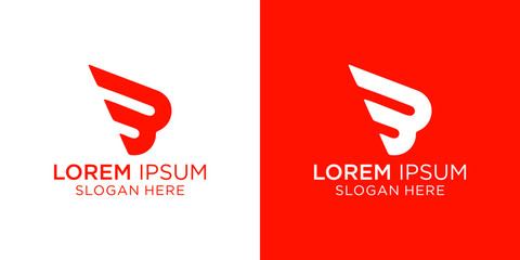 Letter B and Wings logo design, Modern logo design with winged letter B on white and red backgrounds © PaulStd