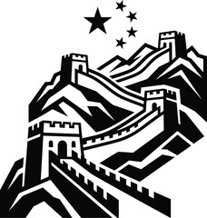 Naklejka premium A striking monochromatic vector rendering featuring the iconic superior Wall of China with five national stars above.