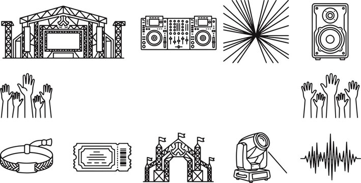 Black and white line art concert icons
