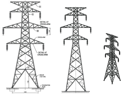 High Voltage Electricity Transmission Tower Engineering Blueprint Set with Power Line Pylon Structural Vector Illustration
