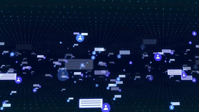 Digital network nodes glowing in dark futuristic cyber space with data flow connections