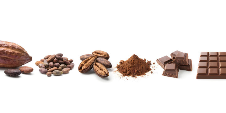 Transformation process of raw cocoa pod into processed delicious chocolate bar on surface.