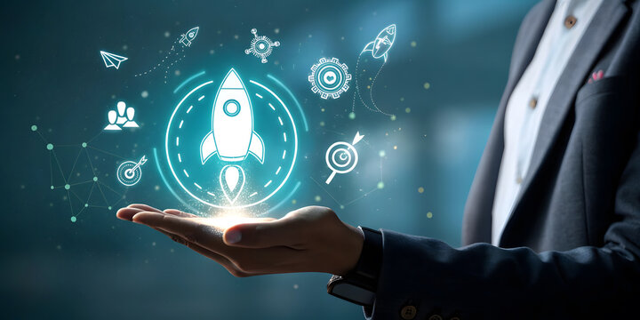 Professional man holding glowing rocket icon representing startup launch and business growth.