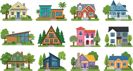 Fototapeta premium Colorful Cartoon Houses Vector Illustration Set with Various Modern Suburban and Family Home Designs for Architecture Real Estate and City Planning Projects