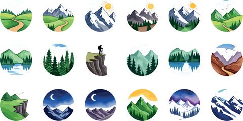 Mountain Landscape Circle Icon Vector Set Featuring Hiking Forest Wilderness Day and Night Themes for Camping and Outdoor Adventure Graphic DesignsMountain Landscape Circle Icon Vector Set Featuring H © BijoyChandra