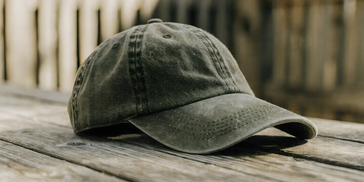 Worn green baseball cap resting on rustic wooden planks outdoors.