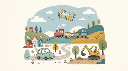 Naklejka premium A cheerful town scene with diverse vehicles in motion under a bright sky at daytime