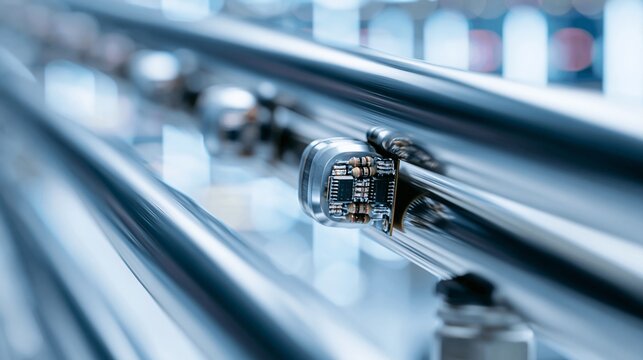 Focused macro shot of advanced sensor technology on a modular security barrier highlighting intricate electronic components against a dreamy shallow depth of field urban industrial