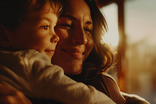 Authentic Mother and Son Bonding Portrait at Home in Warm Sunlight, Close Up Family Moment, woman hugs child