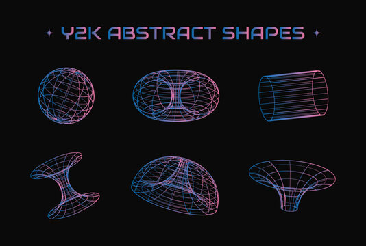 Y2k abstract wireframe shapes set with futuristic geometric forms and neon gradient. Vector design of various geometric shapes.
