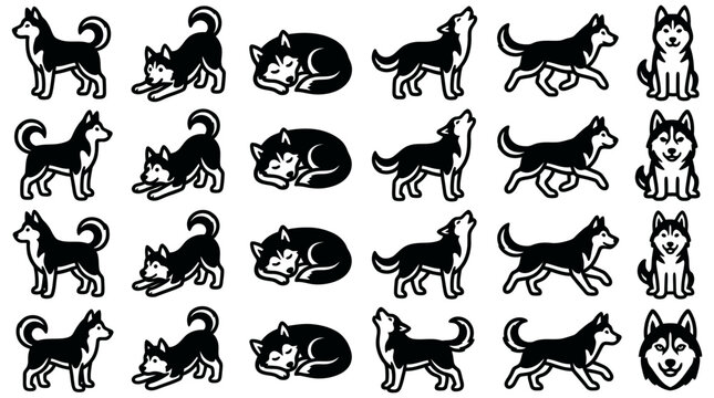 Collection of Alaskan Malamute and Siberian Husky dog silhouettes in various poses, a perfect graphic element for animal lovers