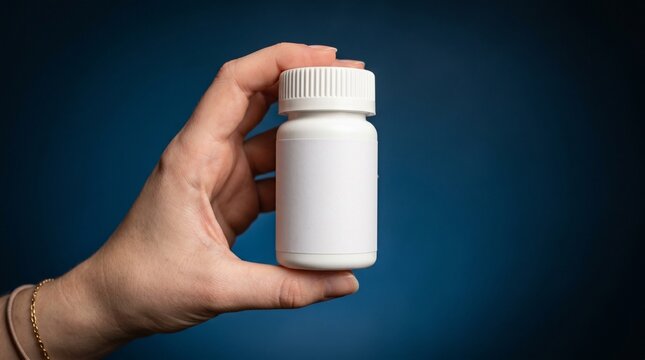 Hand Holds Prescription Pill Bottle with Blank Label for Medical Use