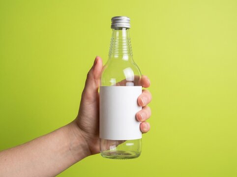 Transparent Glass Bottle with White Label Held by Hand
