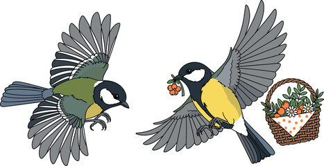 Flying Great Tit Bird Element Set with Cute Little Birds Carrying Berries and a Wicker Flower Basket for Spring and Nature Graphic DesignsFlying Great Tit Bird Element Set with Cute Little Birds Carry © BijoyChandra