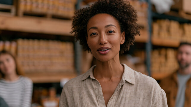 Executive director of a food security nonprofit standing in a warehouse during an evening inventory review, rows of shelving stacked with canned goods behind her, a small staff
