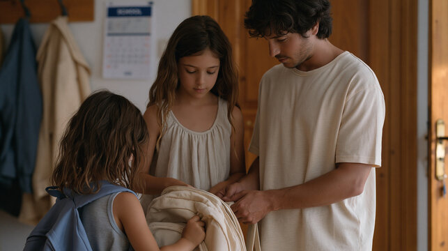 Older sibling helping kindergartener prepare a school backpack in August at a cramped apartment entryway, stuffing a lunchbox and spare pencils into a zipper pouch while the