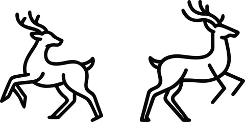 Two reindeer with antlers running in black outline vector illustration for holiday and nature themes. © meerobeul