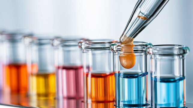 Macro view of precise pipetting of translucent plant protein mixture into test tubes on a polished stainless steel bench featuring bright highkey light and outoffocus colorful