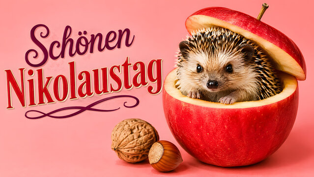 Happy Saint Nicholas Day! Adorable Hedgehog in a Red Apple, Celebrating German Tradition with Nuts